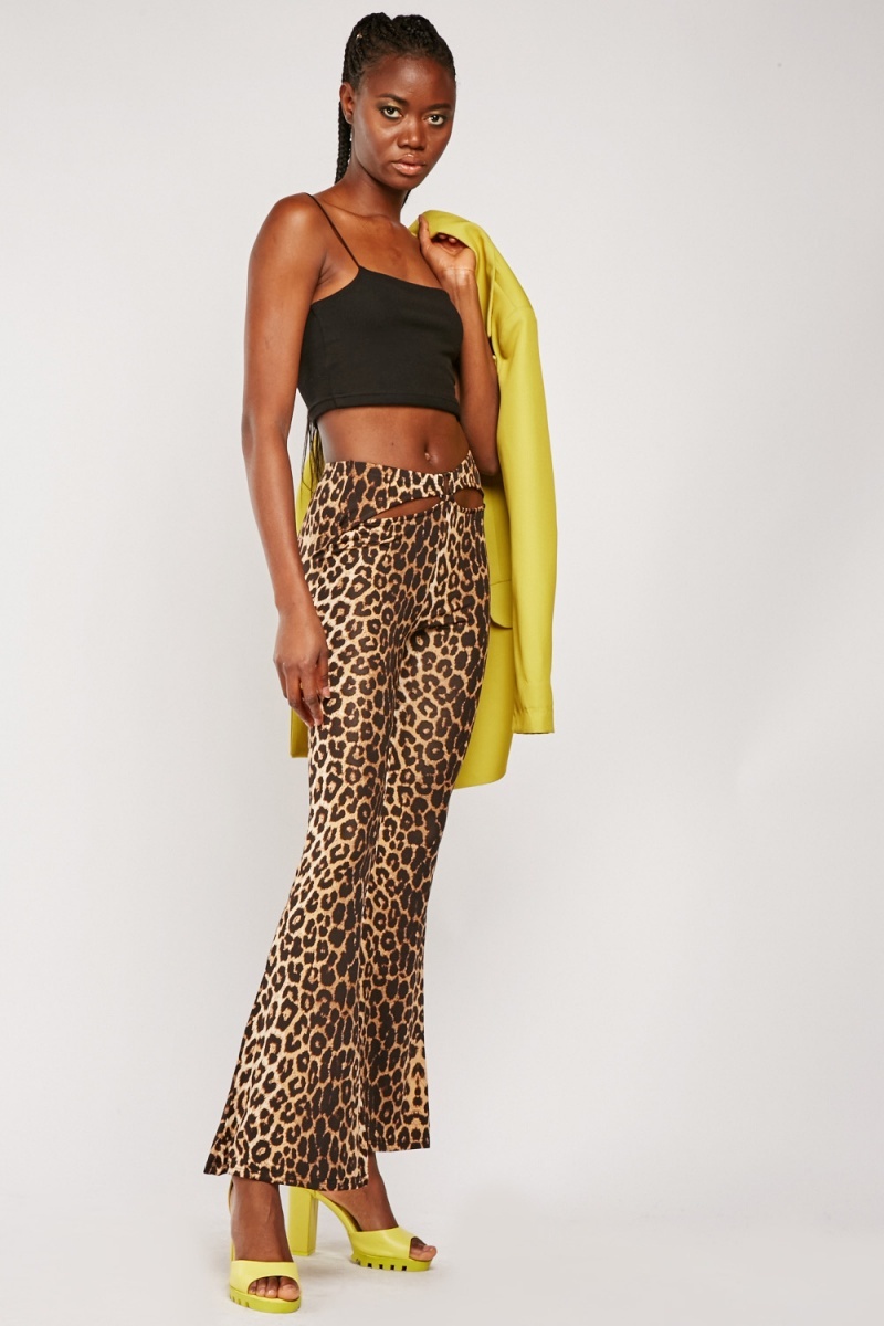 Leopard Print Cut Out Waist Panel Flared Trousers - Black/Multi - Just $3