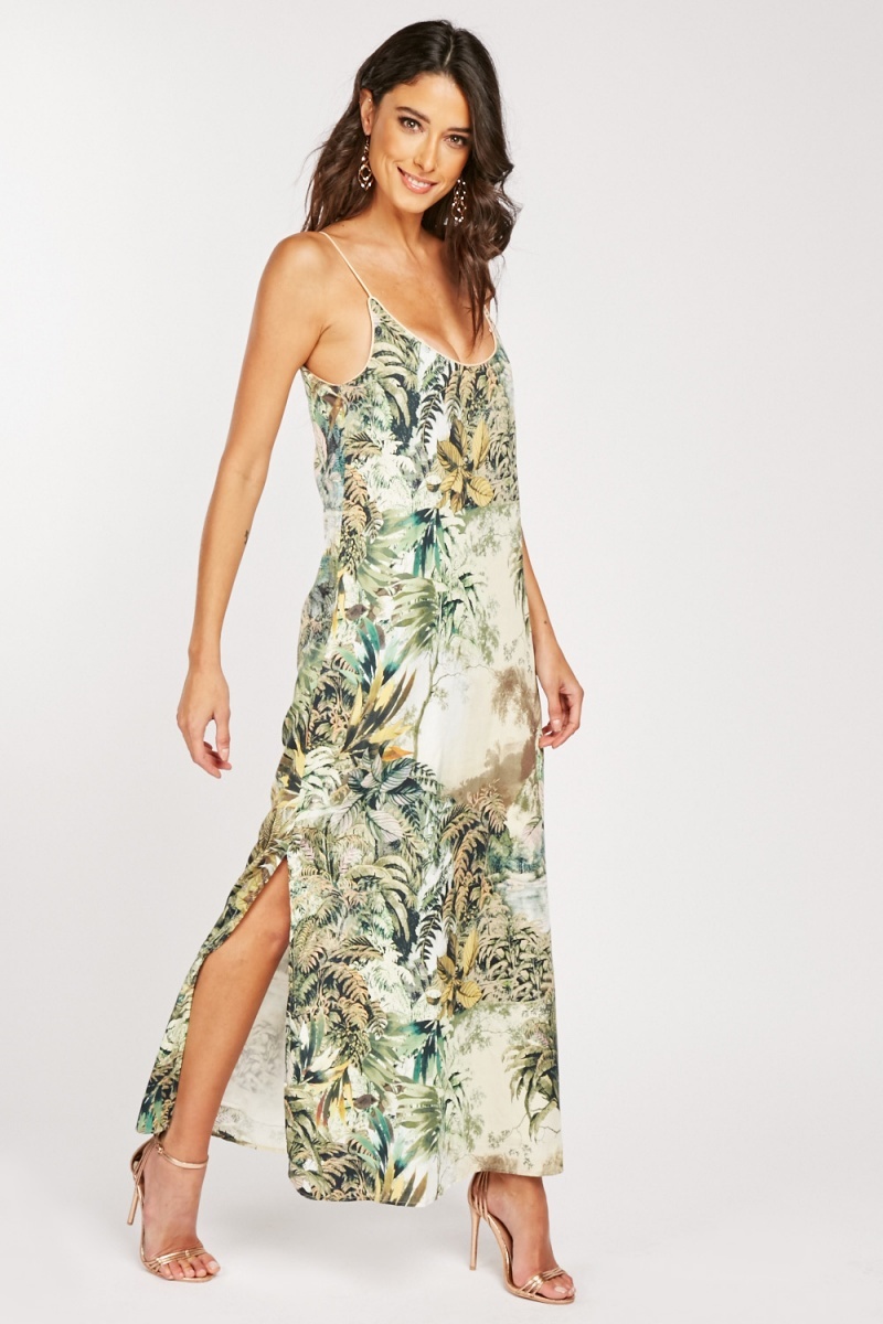 Tropical Print Strappy Maxi Dress - Just $7