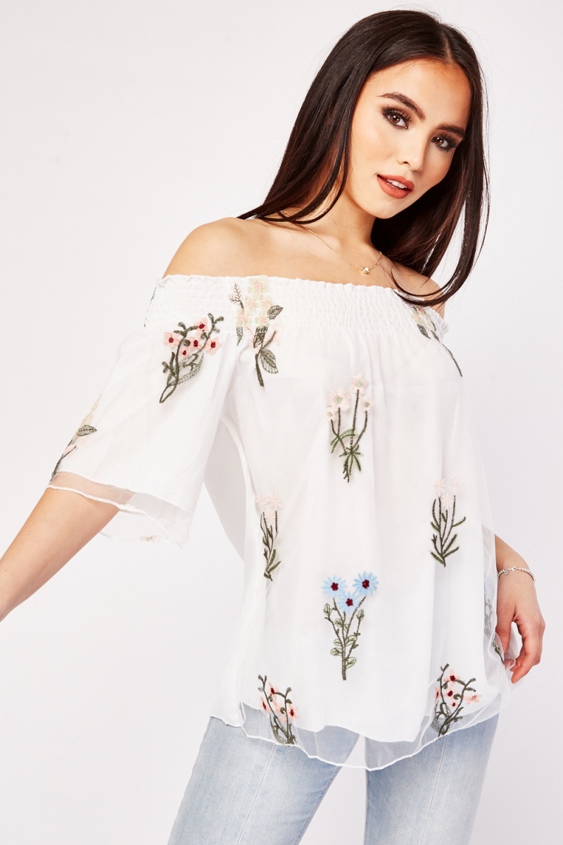 Off Shoulder Embroidered Top - White/Multi - Just $6