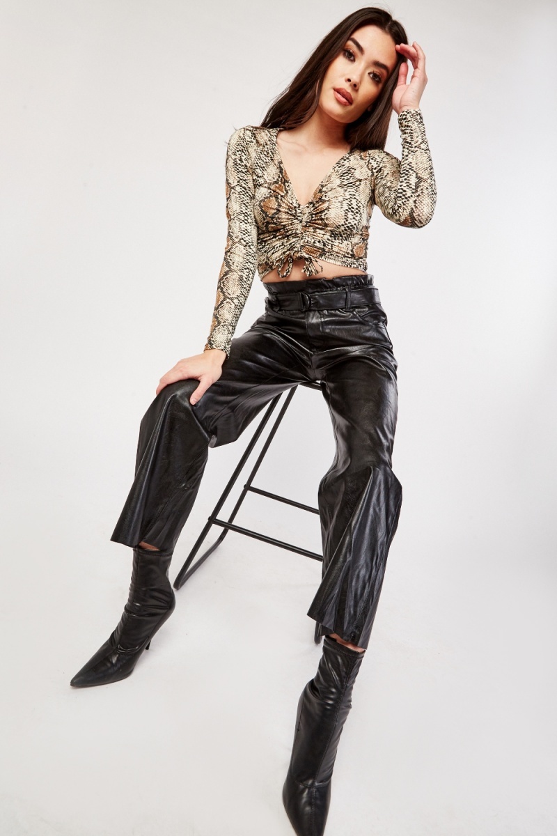 Belted Paper Bag Faux Leather Trousers - Black - Just $3