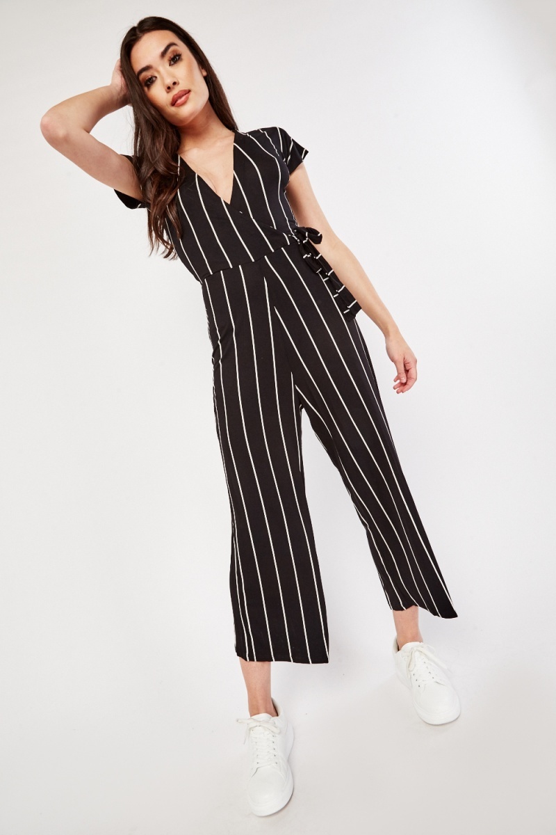 black and white vertical striped jumpsuit