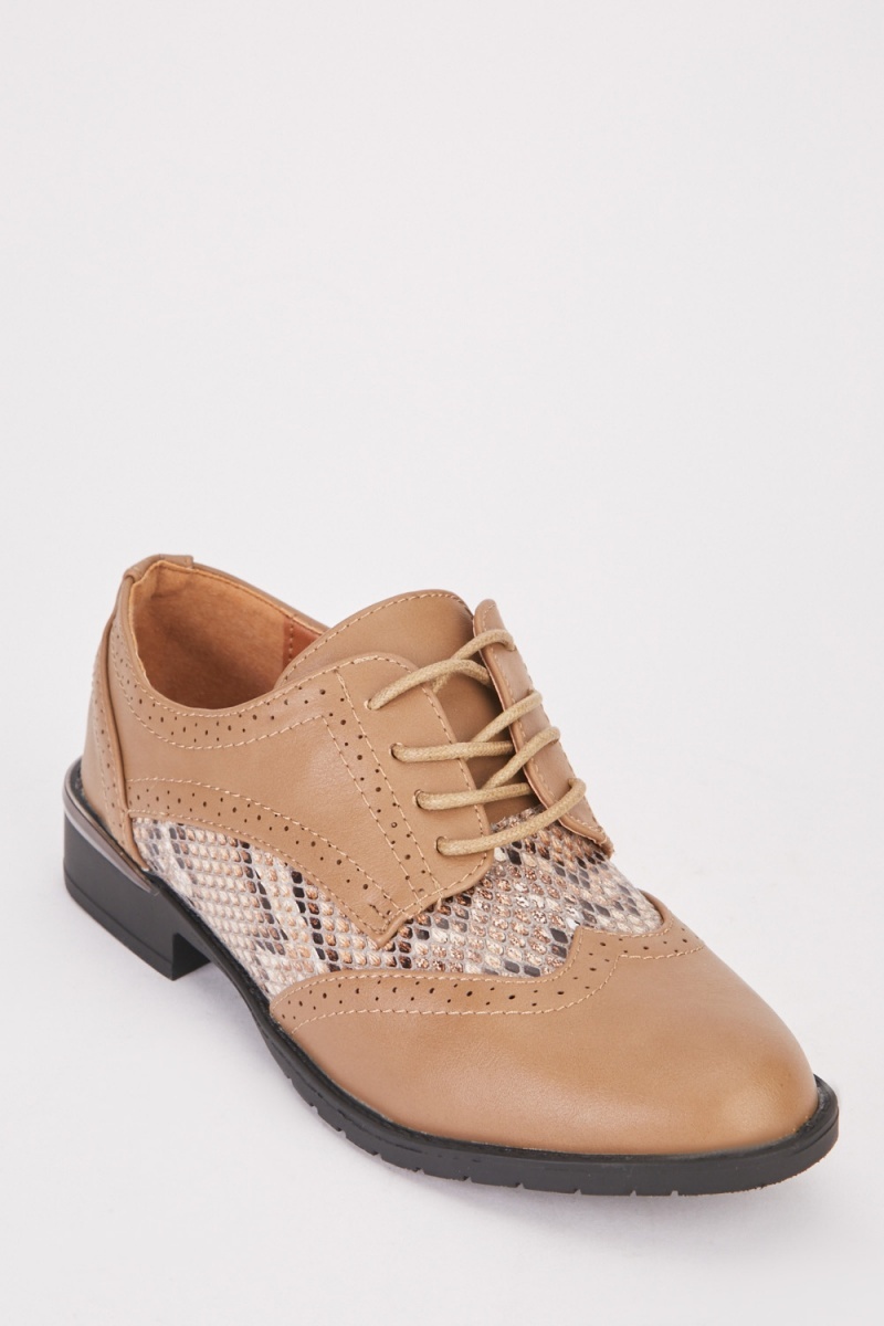 Python Skin Contrast Brogue Shoes - Khaki - Just $7