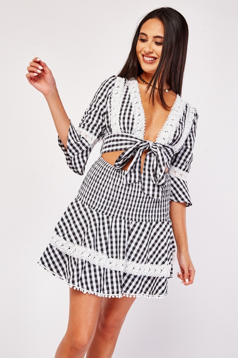 Tie Up Front Gingham Print Dress - Black/White - Just $7