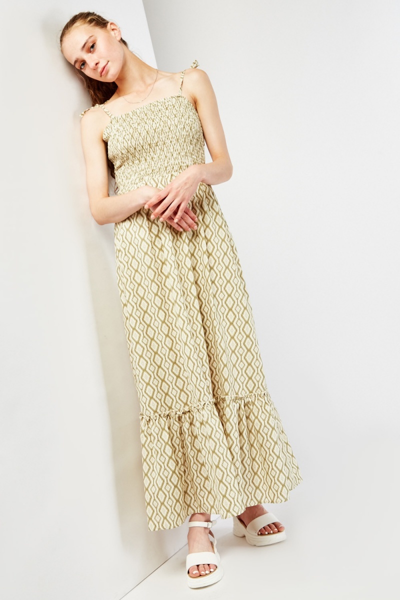 Diamond Pattern Shirred Bodice Maxi Dress Olive Off White Just 3