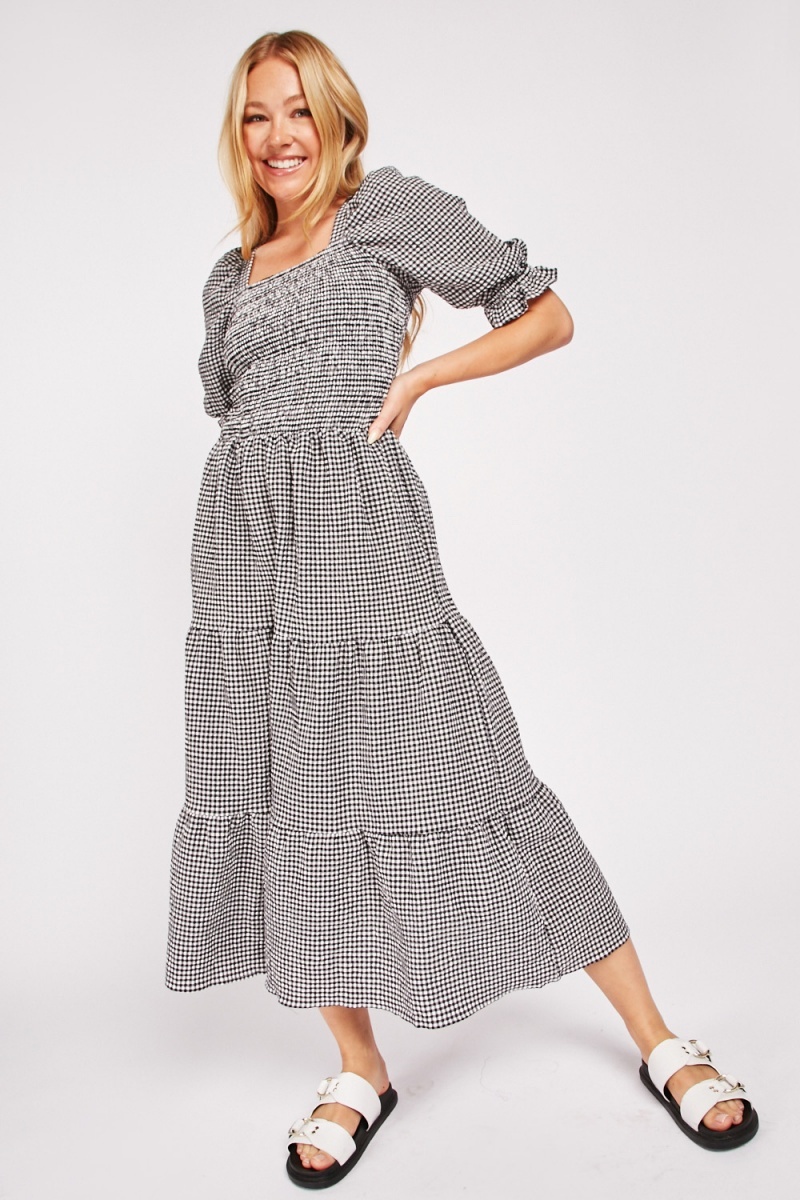 black shirred gingham midi dress