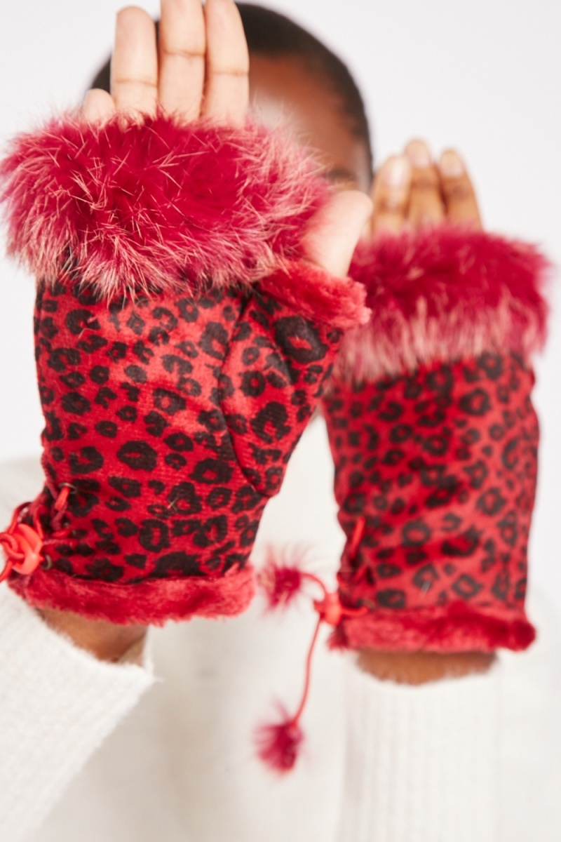 Leopard Print Fingerless Gloves - Dark Brown/Multi or Light Camel/Multi -  Just $6