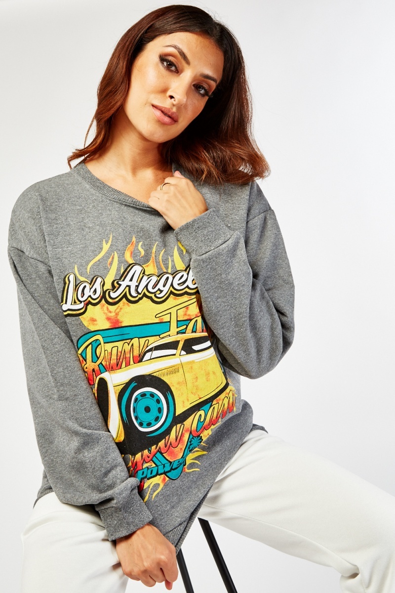 Front Printed Sweatshirt - Dark Grey/Multi - Just $3