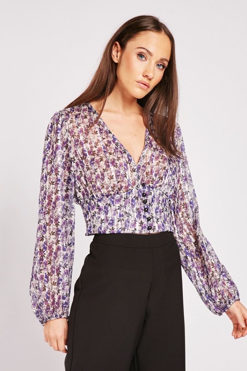Chiffon Floral Wrap Bell Sleeve Blouse