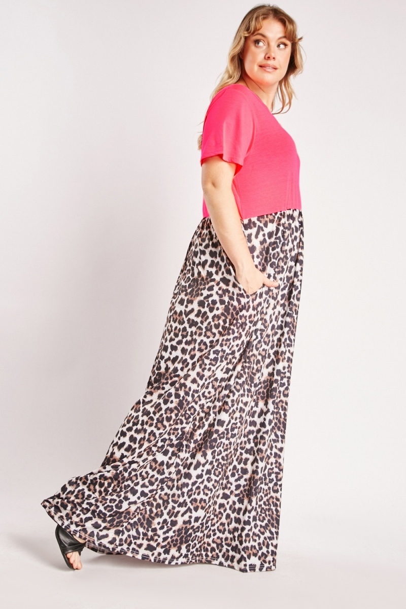 Leopard Print Panel Bodice Maxi Dress - Neon Coral/Multi - Just $7