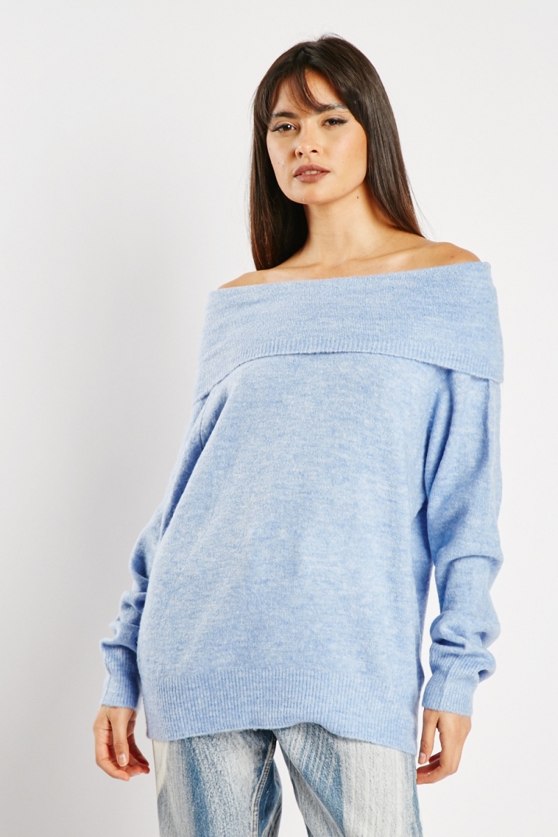 Off Shoulder Knitted Long Jumper Blue Just 3