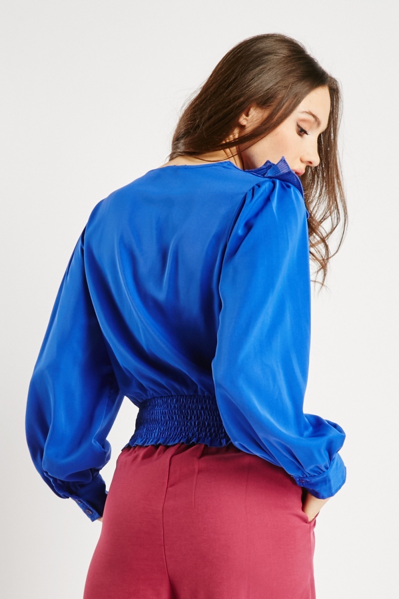 Ruffle Front Long Sleeve Blouse - Royal Blue - Just $3