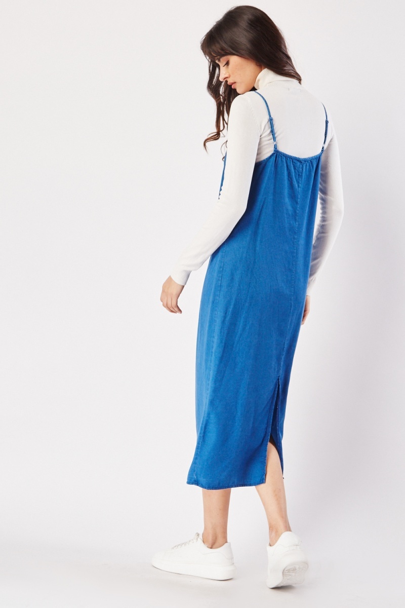 Váy Đầm - Blue Strappy Midi Denim Dress