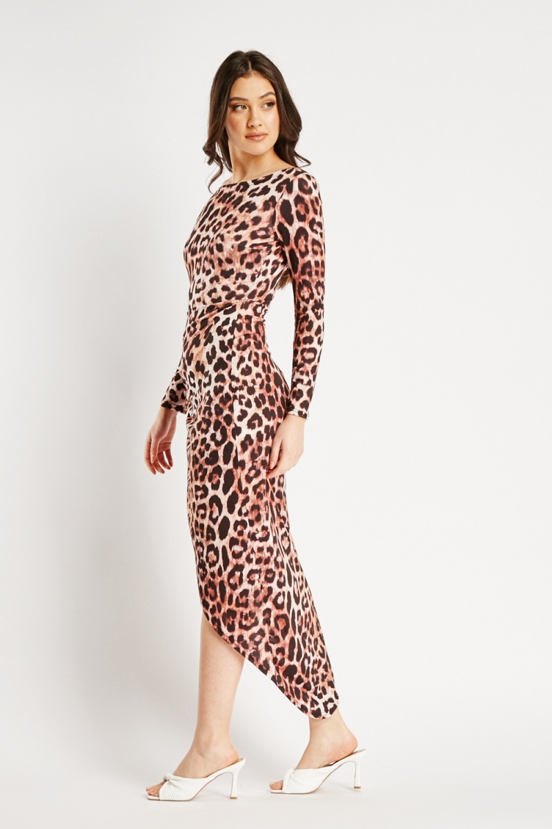 Animal Print Ruched Side Dress - Light Brown/Multi - Just $7