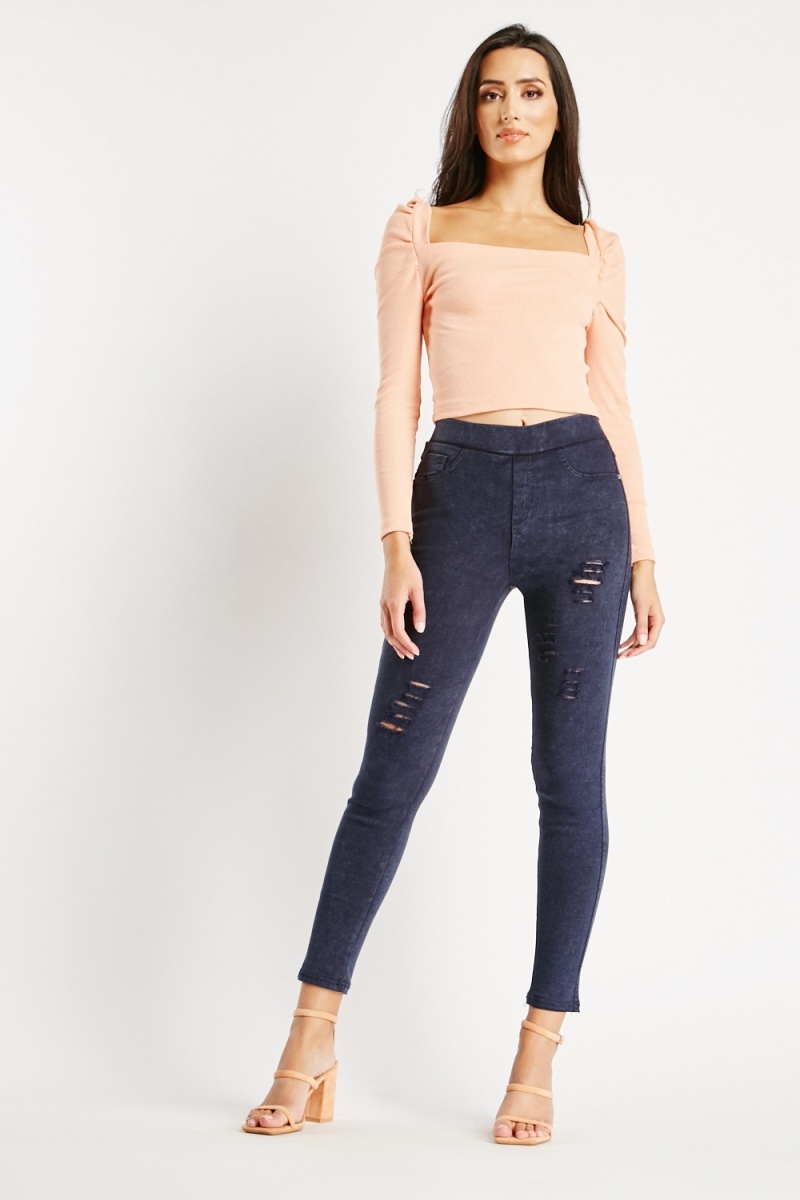 Partly Cotton Distressed Jeggings - Navy - Just $7