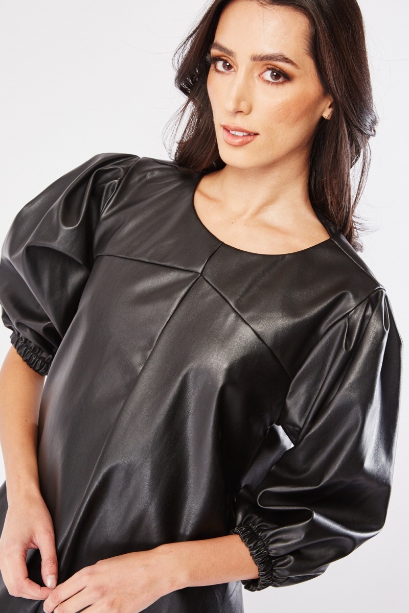 Gathered Sleeve Faux Leather Dress - Black - $7