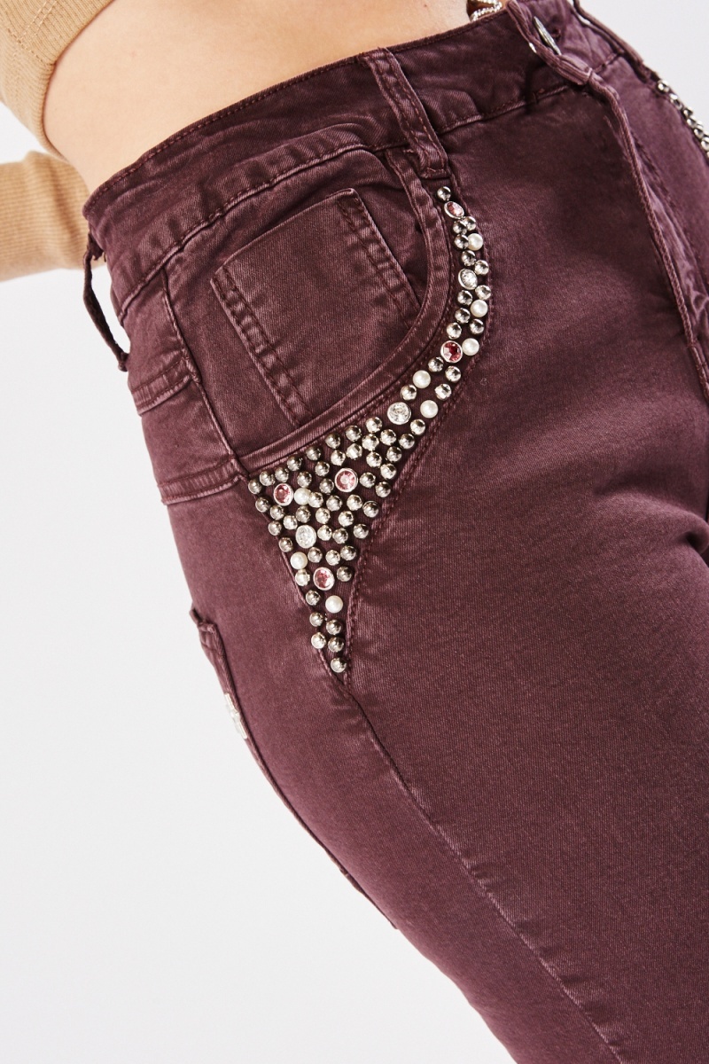 Embellished Pocket Skinny Trousers - Plum or Ash - Just $3