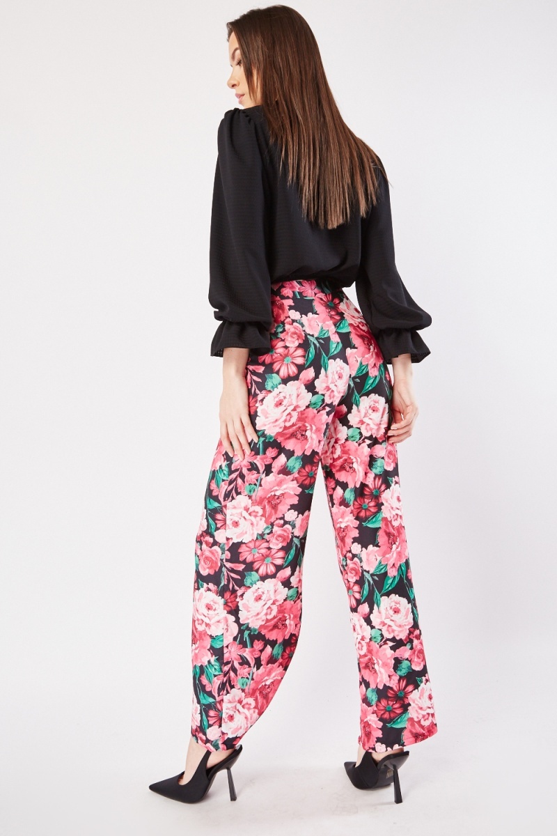 Wide Leg Floral Print Trousers - Pink/Multi - Just $7