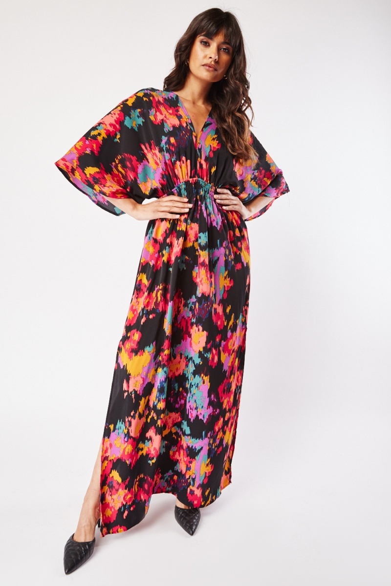 Printed Kimono Sleeve Maxi Dress - Black/Multi - Just $7