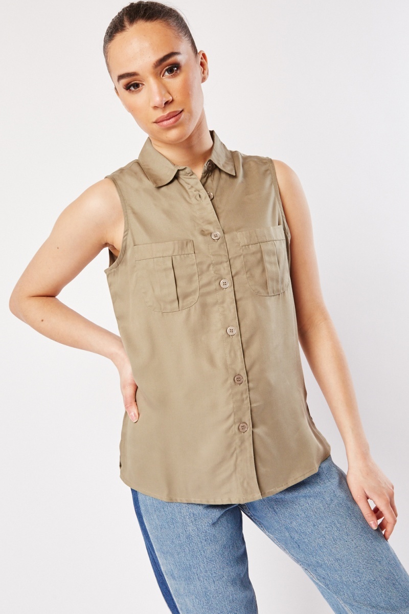 Buttoned Sleeveless Shirt - Olive - Just $6