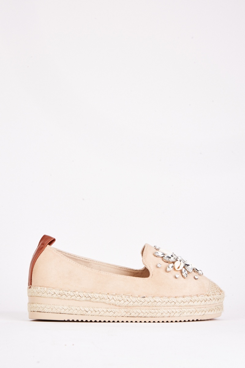 Jewel Trim Espadrille Shoes - Beige - Just $7