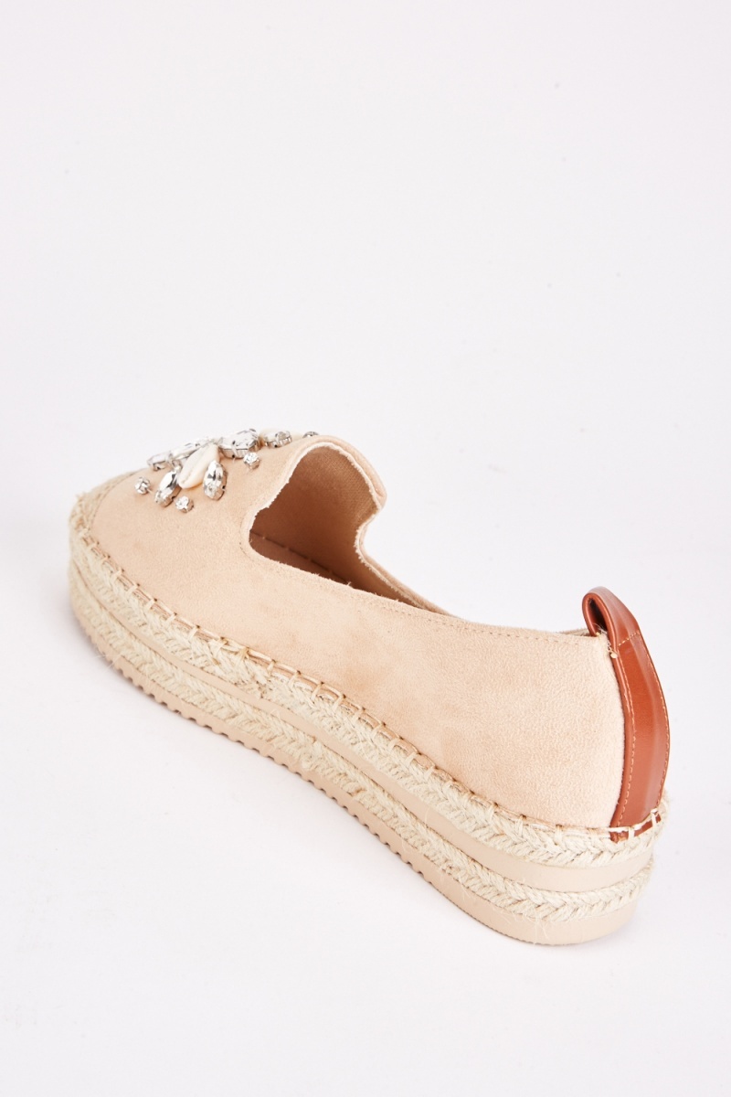 Jewel Trim Espadrille Shoes - Beige - Just $7