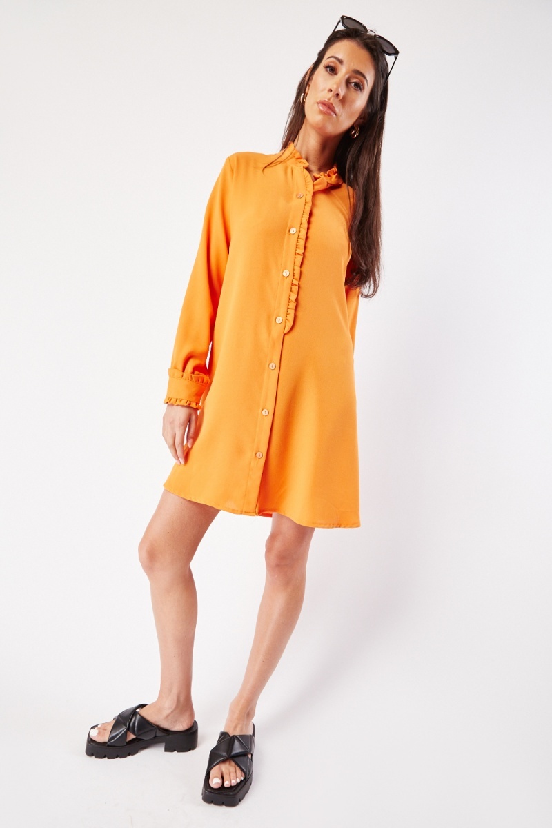 Frill Trim Shirt Mini Dress - Orange - Just $7