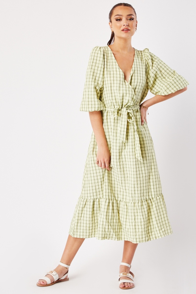 Gingham Pattern Wrap Midi Dress - Lime/Multi - Just $7