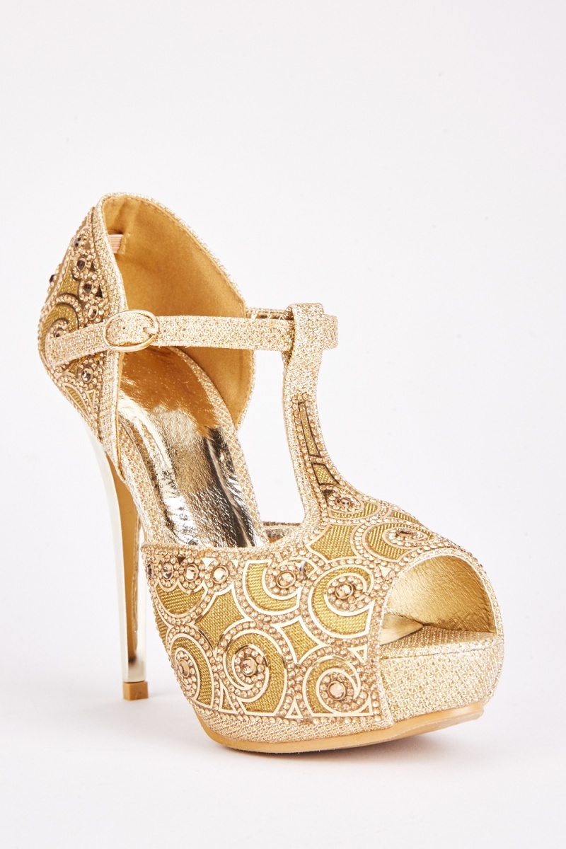 Jewel Embellished T Strap Heels Gold Just 7