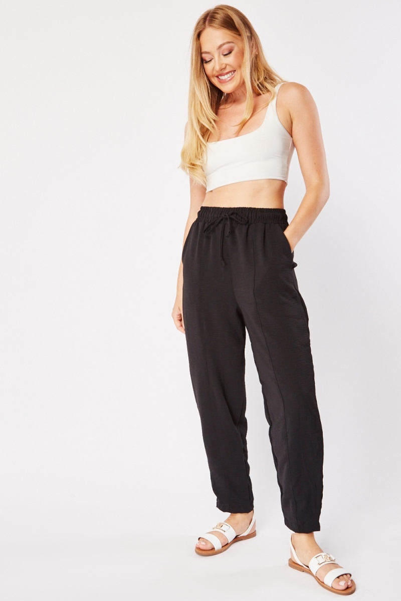 PU Paperbag Waist Pleated Him Tapered Trousers    Black  Fruugo IN