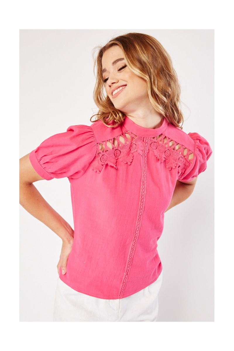Lace Trim Short Sleeve Cotton Top - Fuchsia or White - Just $7