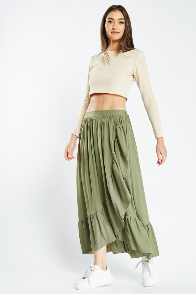 Khaki wrap front outlet midi skirt