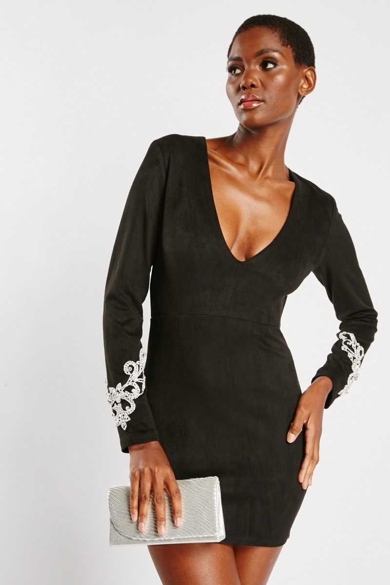 Jewel Embellished Sleeve Bodycon Dress - Black - Just $7