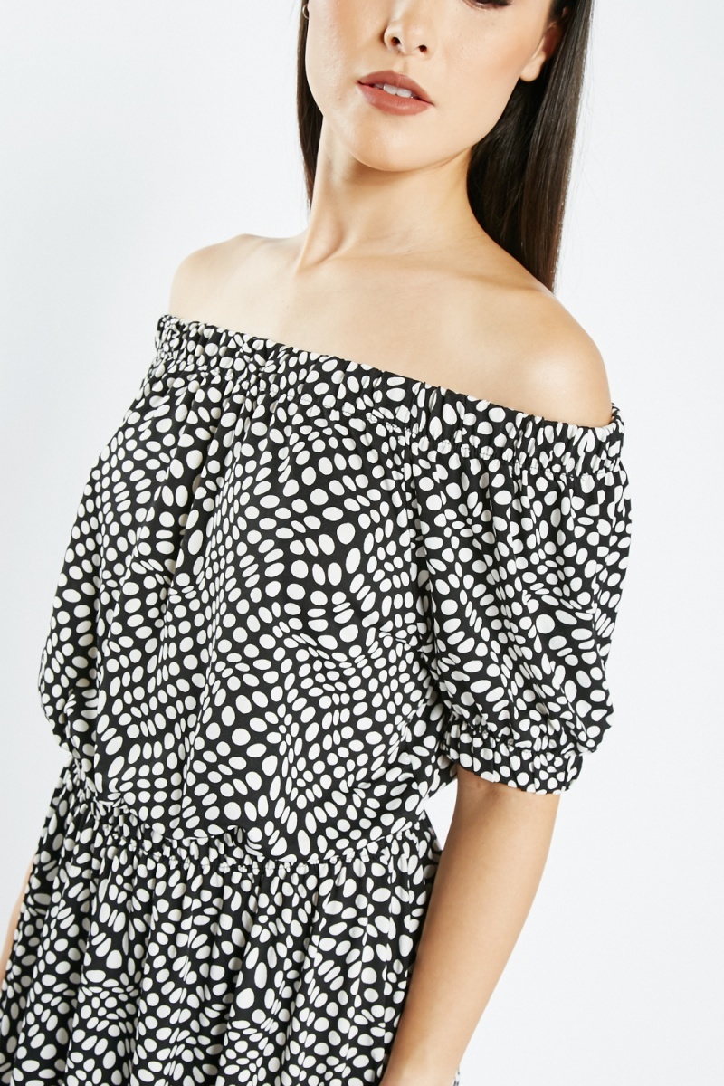 Black and white polka dot off the shoulder outlet dress