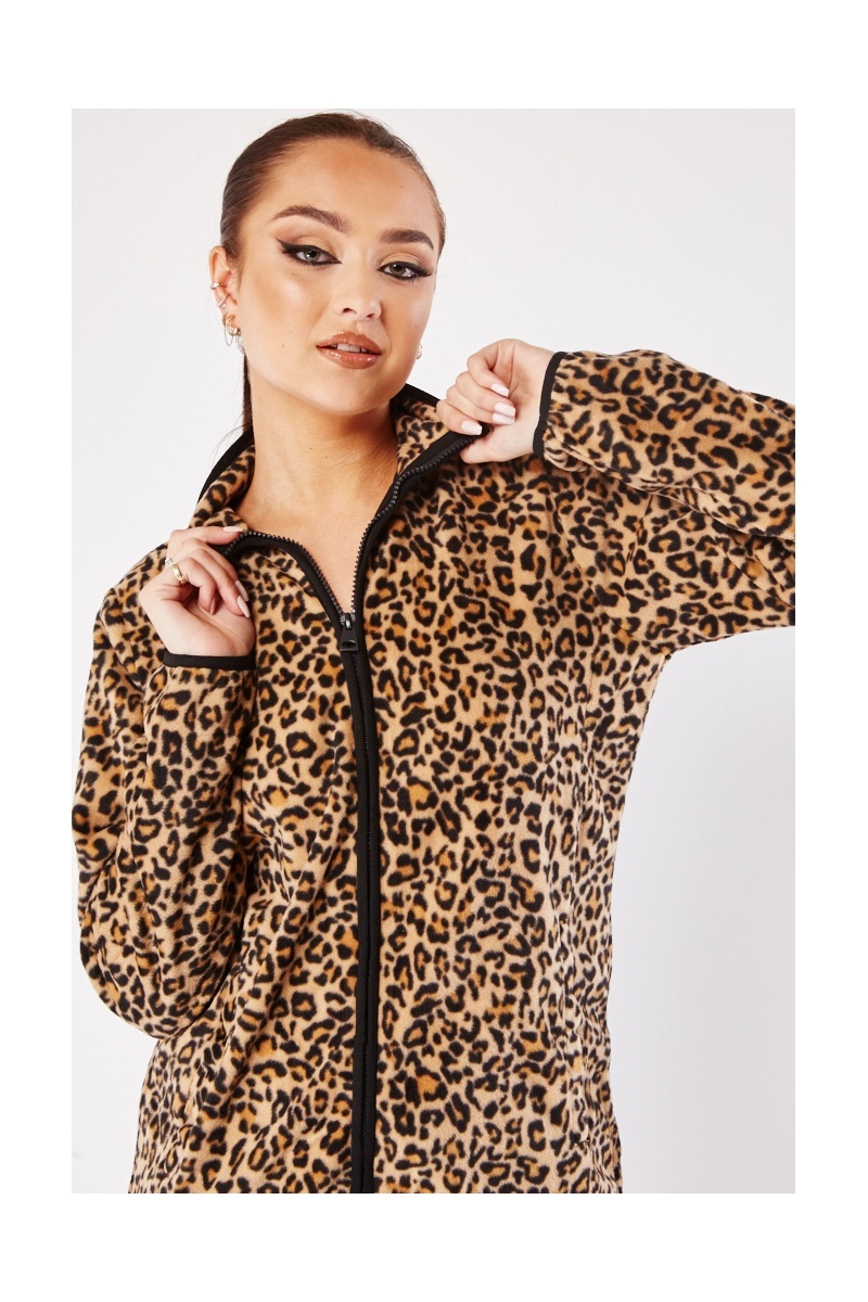 Zip Up Animal Print Fleece Jacket - Tan/Multi - Just $7