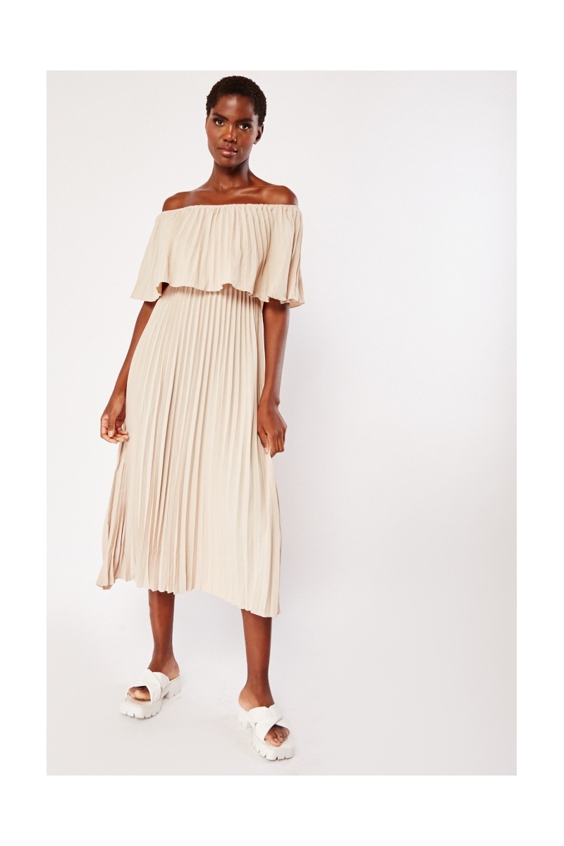 Off Shoulder Pleated Dress Beige Just 7