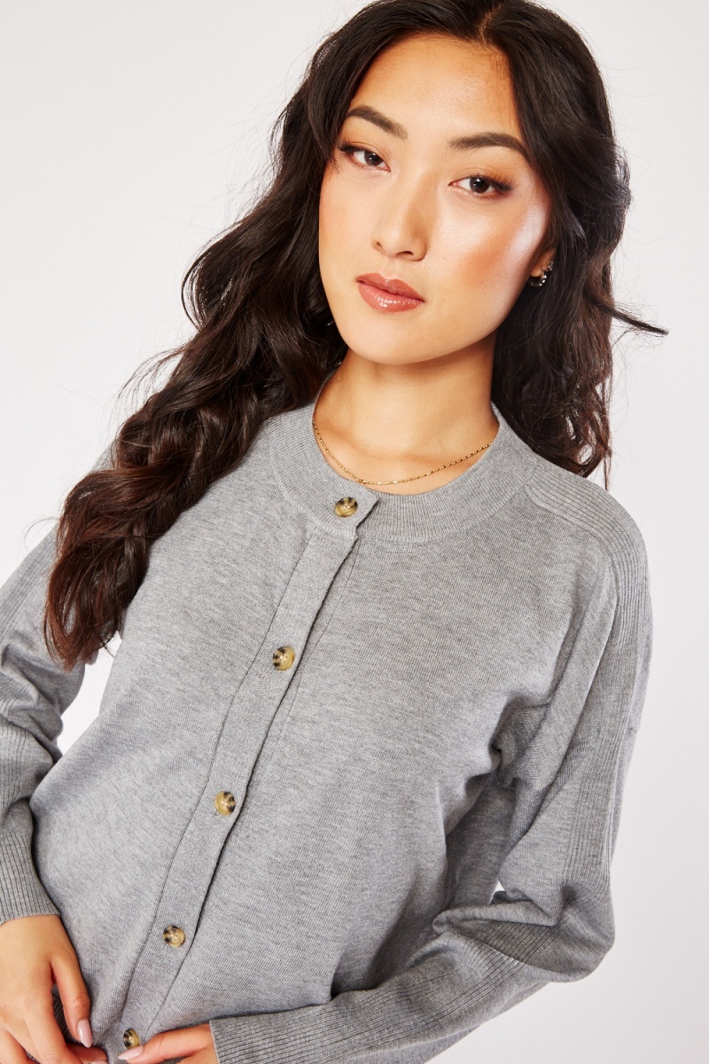 Fine Knit Round Neck Cardigan - Grey - Just $7