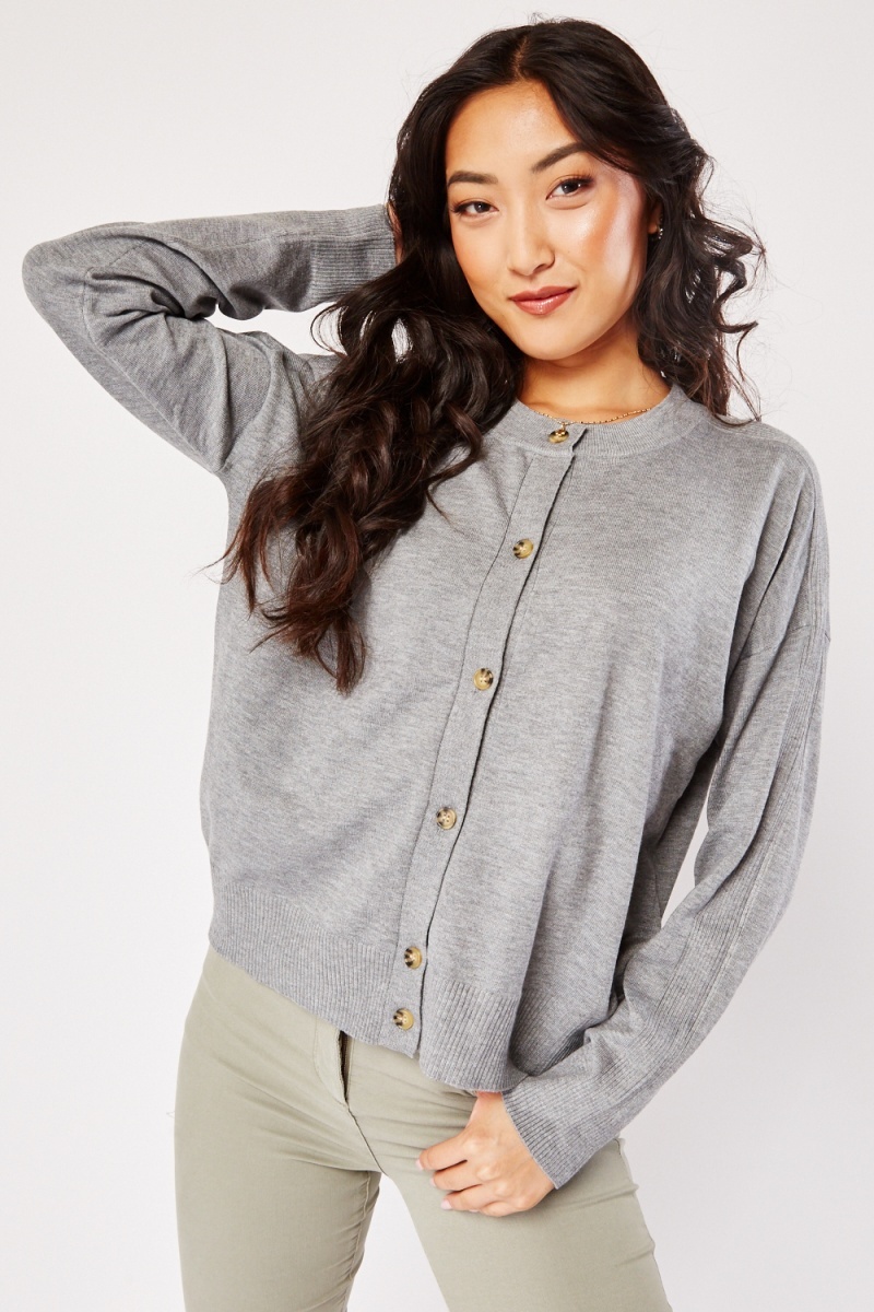 Fine Knit Round Neck Cardigan - Grey - Just $7