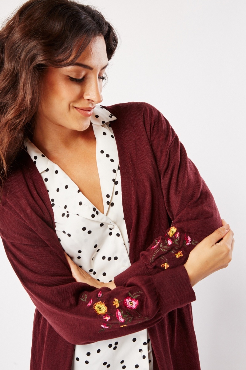 Flower Embroidered Knit Cardigan - Wine - Just $7