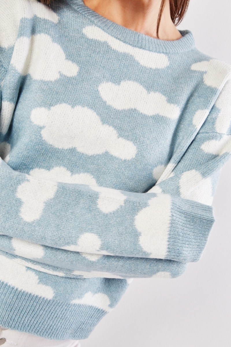 Cloud Pattern Knit Jumper - Light Blue/White - Just $7