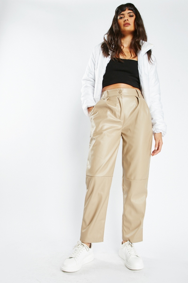 Straight Faux Leather Pants Beige