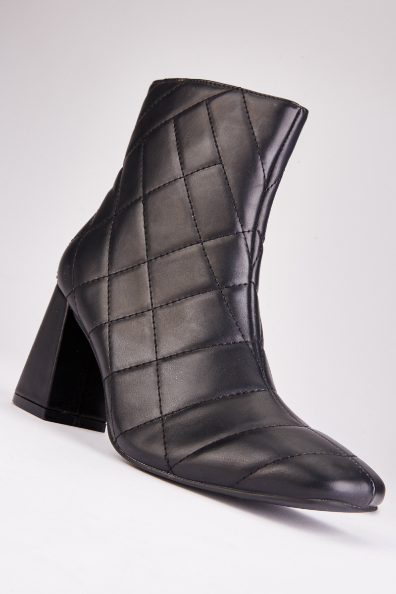 Stitched Quilted Block Heel Boots - Black Pu - Just $8