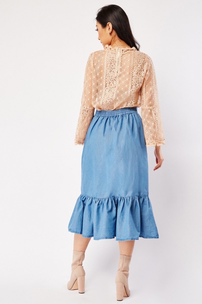 Long denim skirt outlet with ruffle hem