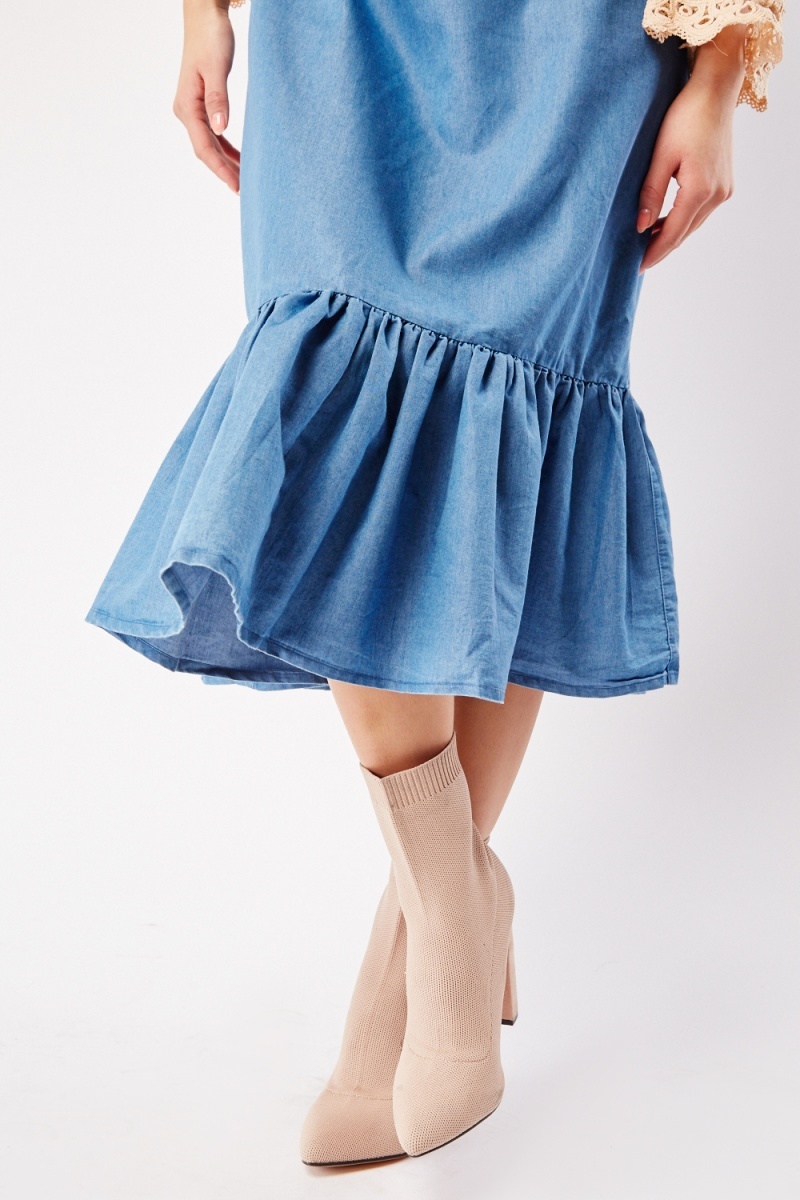 Denim ruffle cheap midi skirt