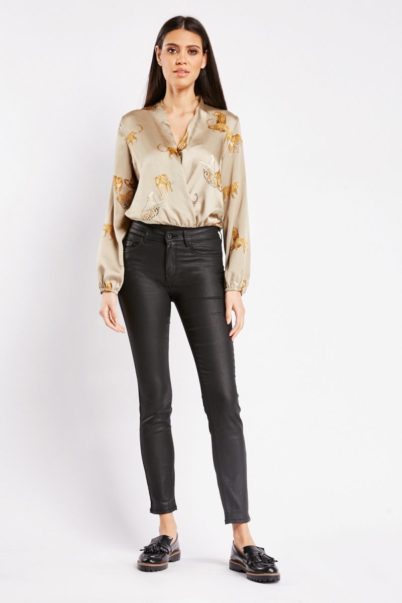 KHAKI SKINNY SATIN SUIT JACKET AND TROUSERS