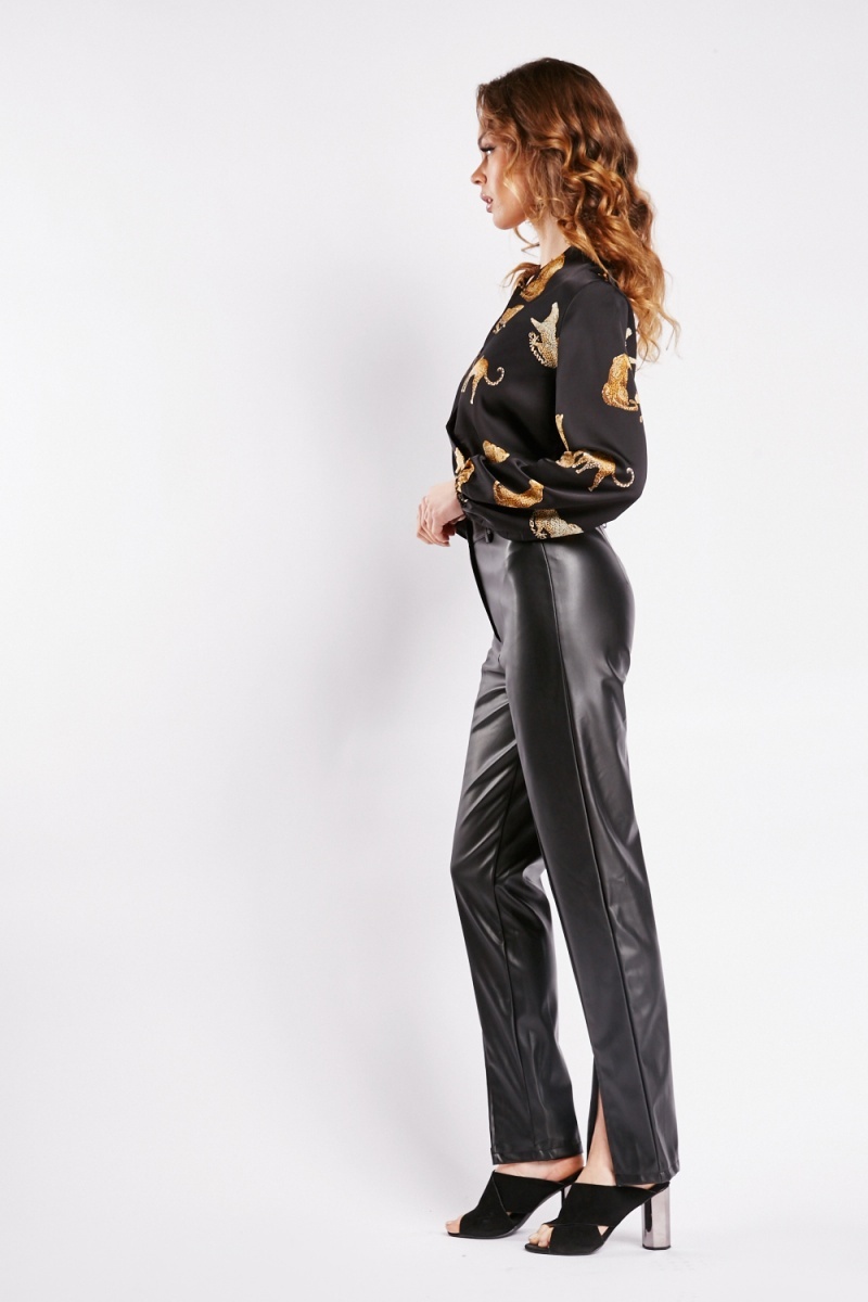 Mango faux leather straight leg trousers in black | ASOS