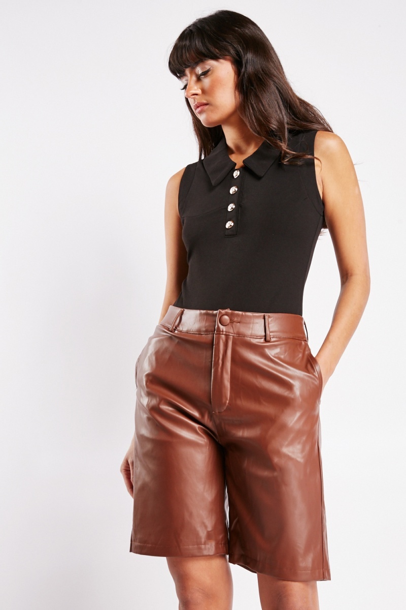 High Waist Faux Leather Shorts - Brown - Just $7