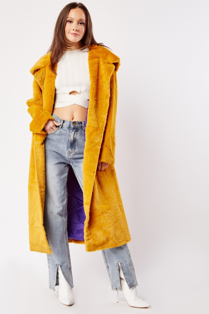 Mustard faux 2025 fur hooded coat