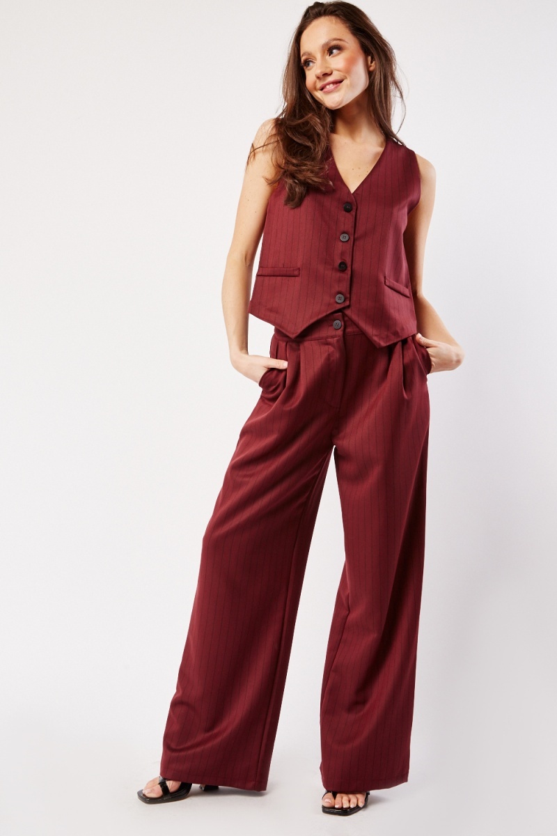 Wide Leg Pinstriped Smart Trousers - Wine/Black - Just $9