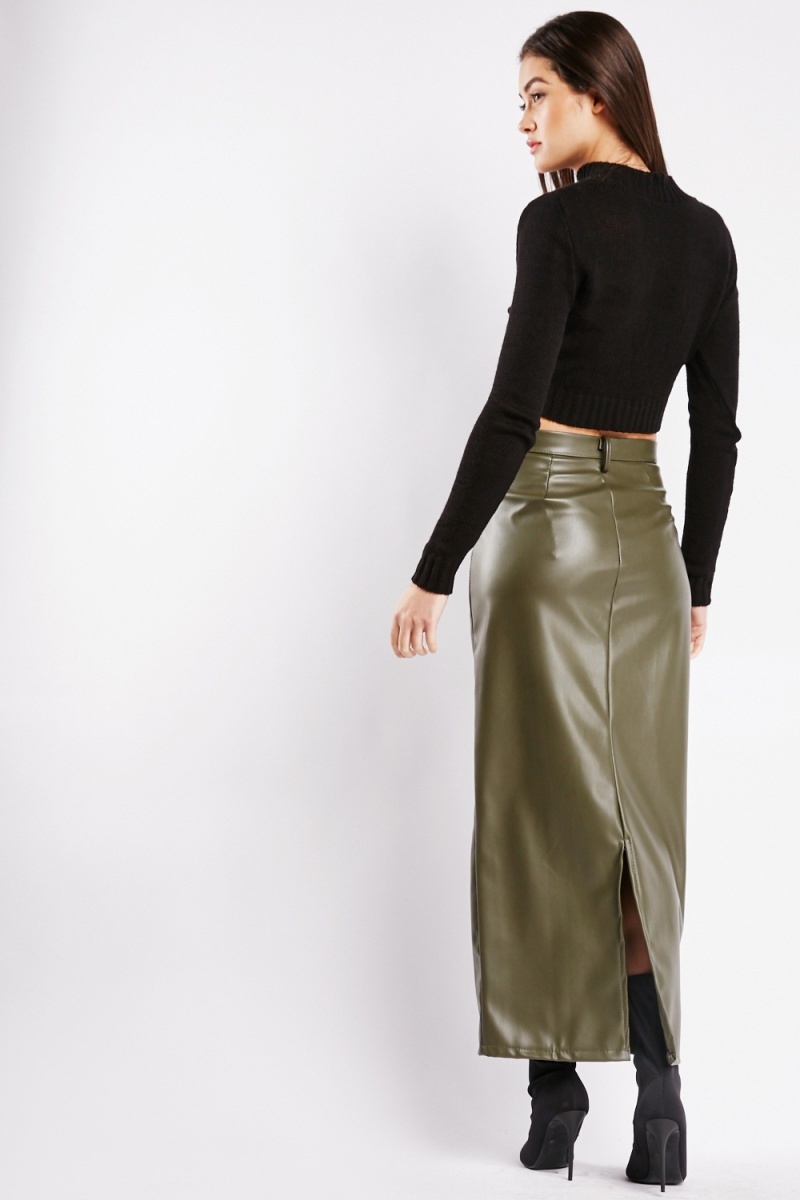 High Waist Faux Leather Maxi Skirt - Khaki - Just $9
