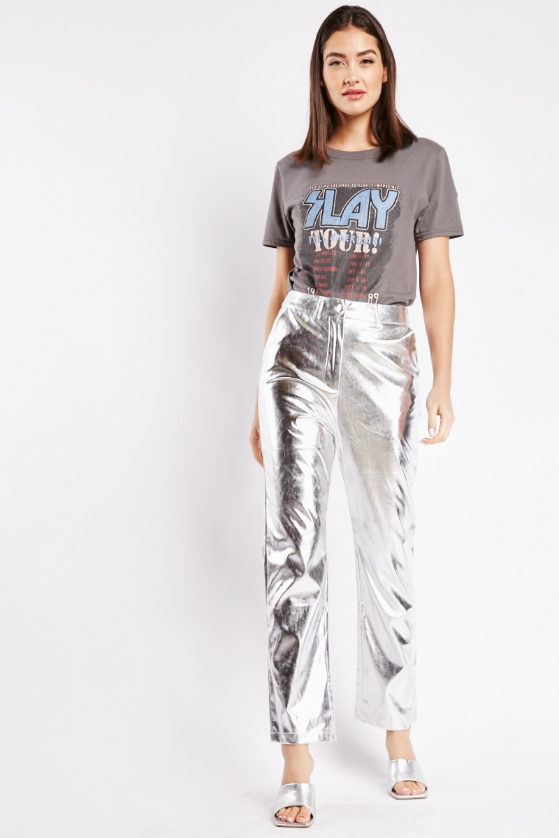 Metallic High-Waist Break Line Jogger - Silver Metallic